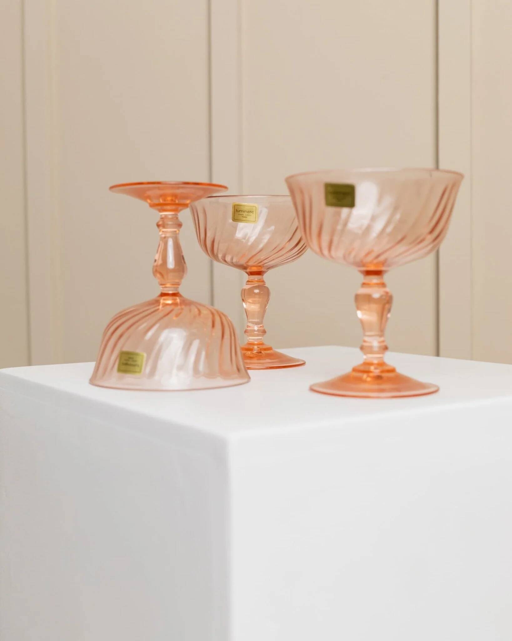 Set of 6 apricot Luminarc Rosaline coupe martini glasses in glass – vintage 1970s France with packaging