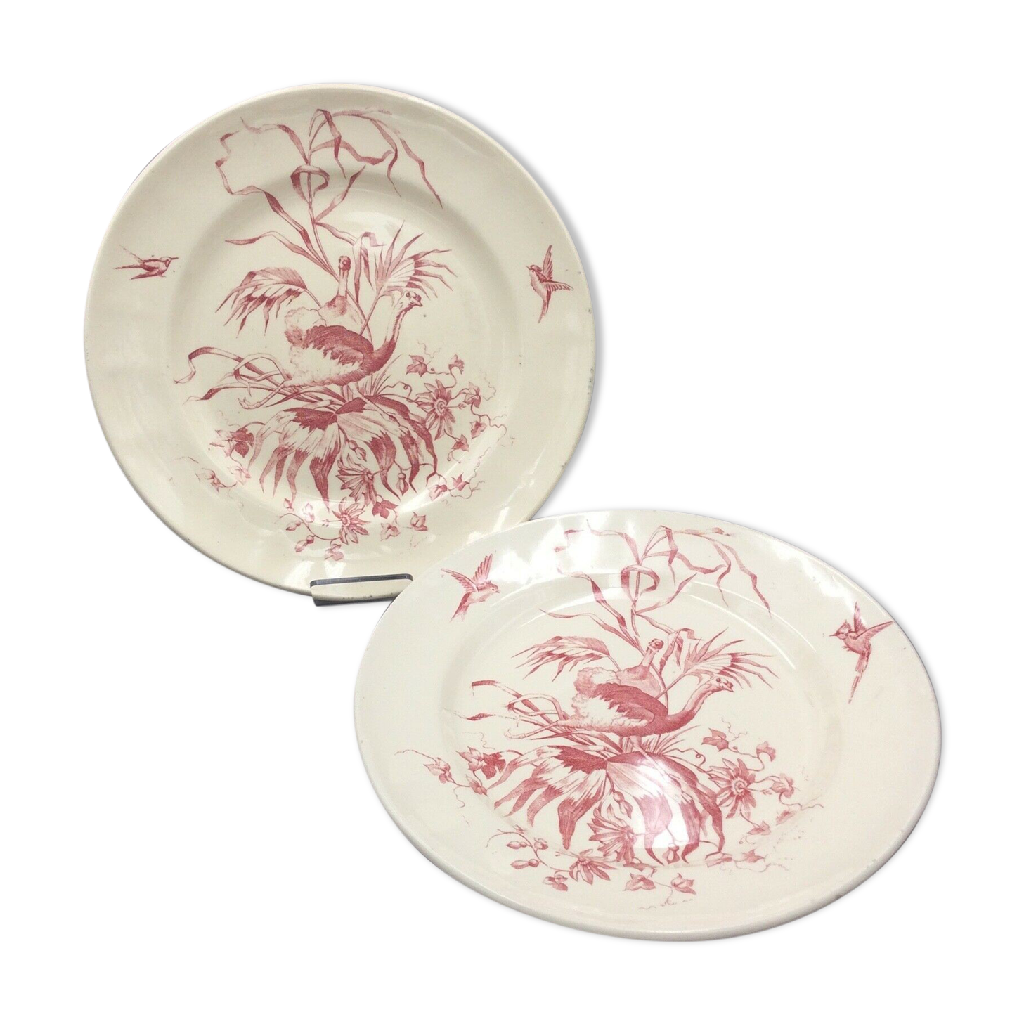 2 ancient plates longchamp congo ostrichs antique french plate ostrich