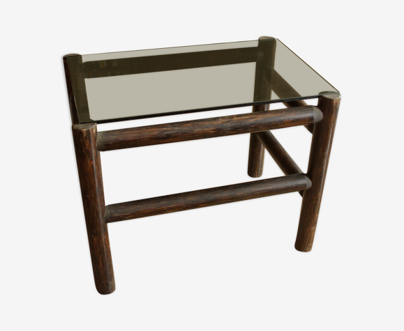 Table d’appoint en bambou avec plaque de verre fumé - stand végétal - millésime des années 1970