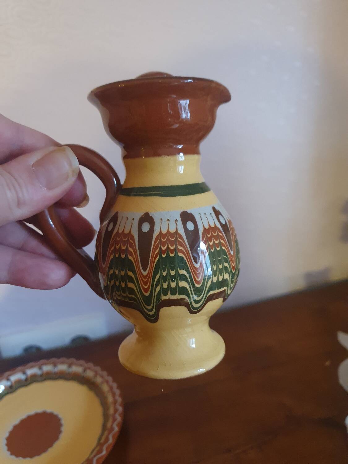 Salt pepper vinegar condiment service in vintage Bulgarian enameled pottery