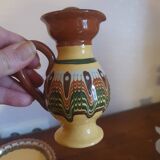 Salt pepper vinegar condiment service in vintage Bulgarian enameled pottery