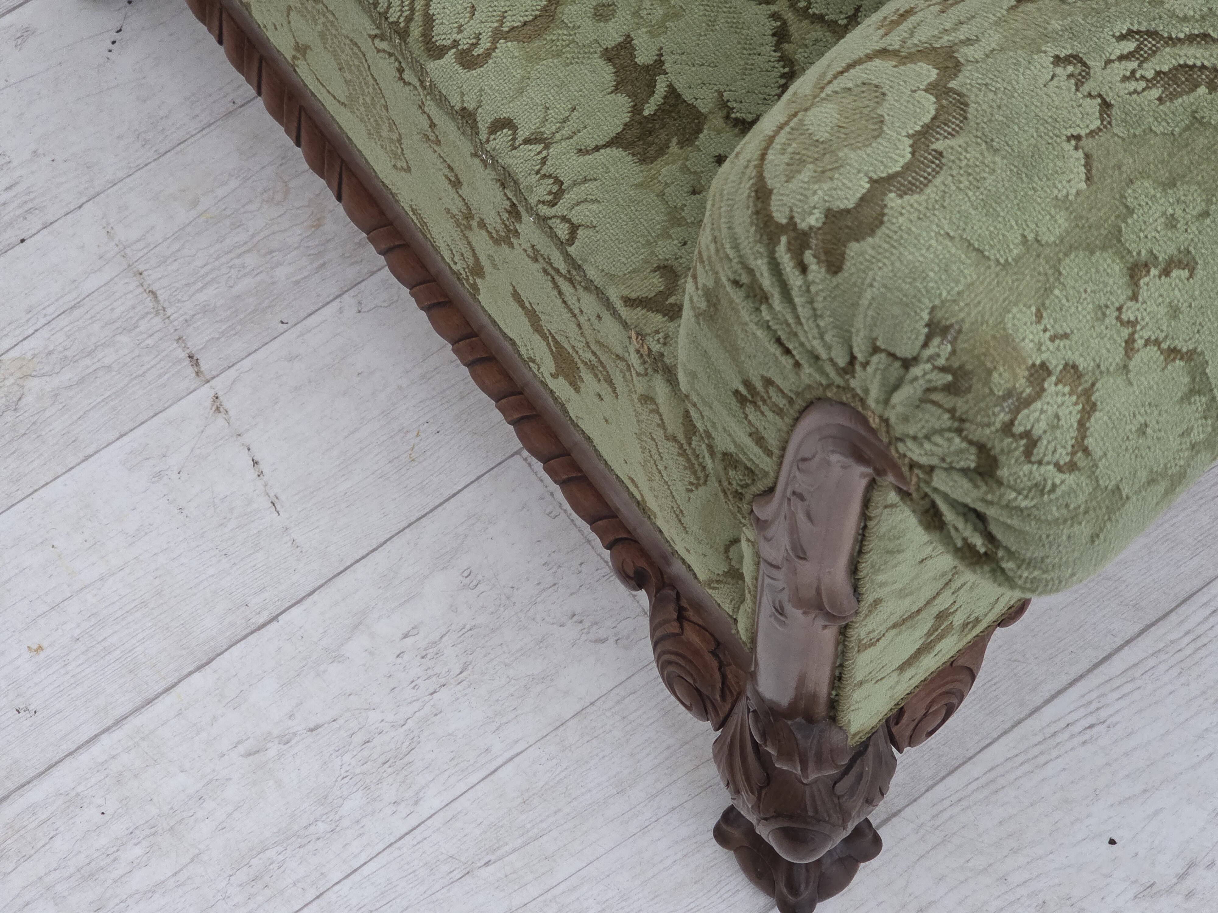 1950s, Danish relax armchair, green furniture velour, carved oak wood.