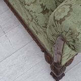 1950s, Danish relax armchair, green furniture velour, carved oak wood.