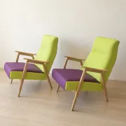 Pair of restored vintage armchairs, green and purple upholstery, mid-20th century, Czechoslovakia, 80 × 75 cm