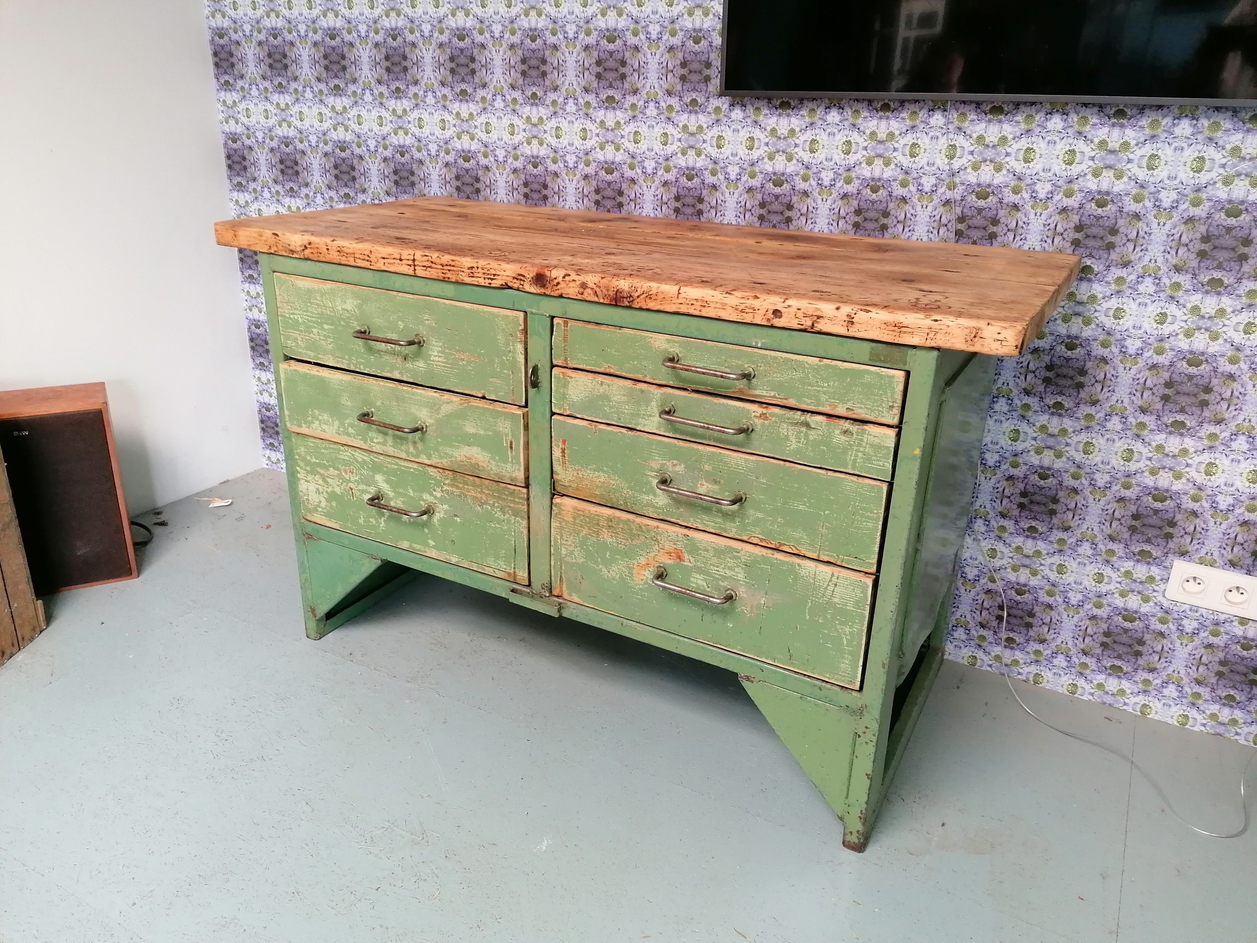 Old wooden garage workbench, industrial vintage.