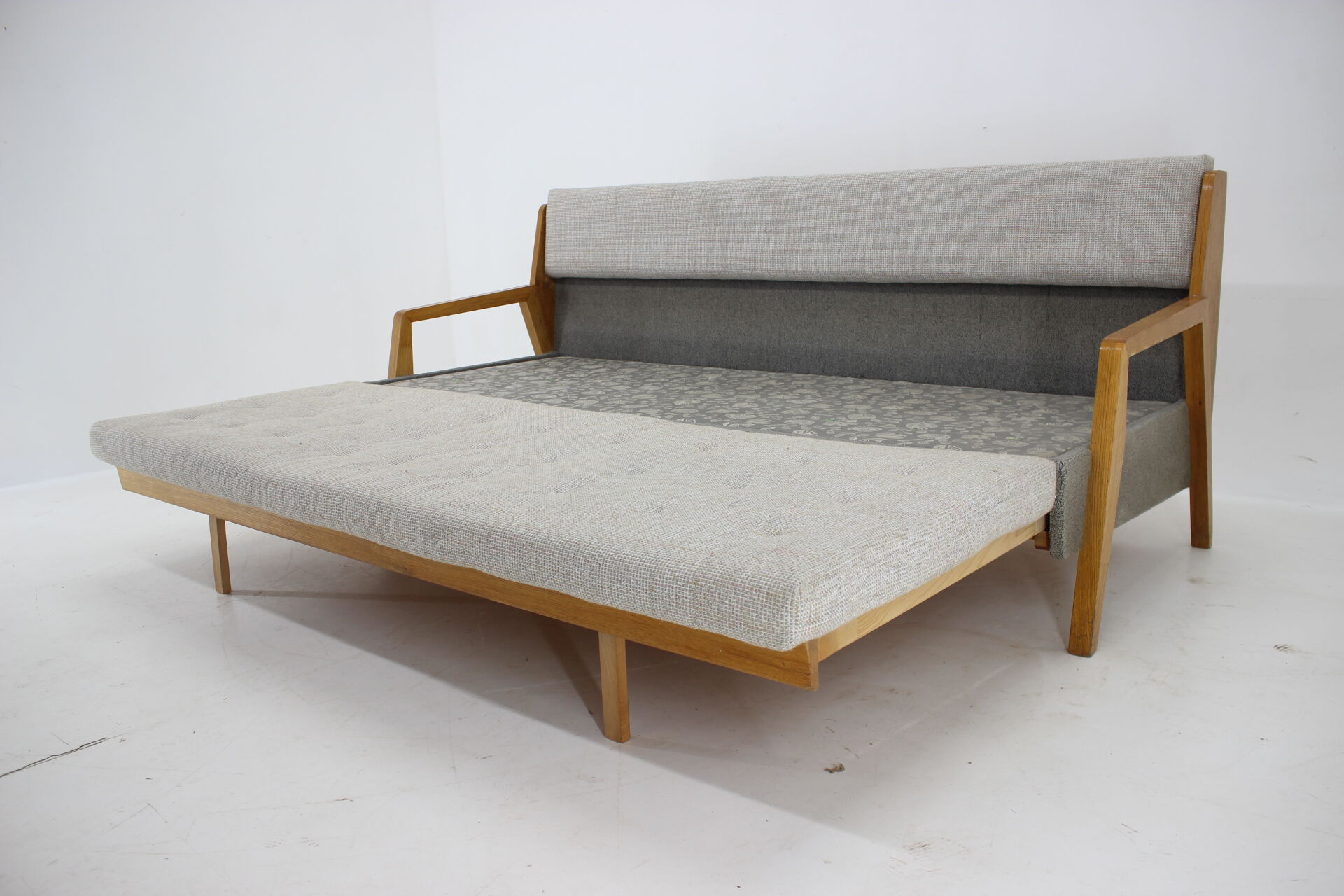 1970s oak 3-seater sofa/bed, czechoslovakia