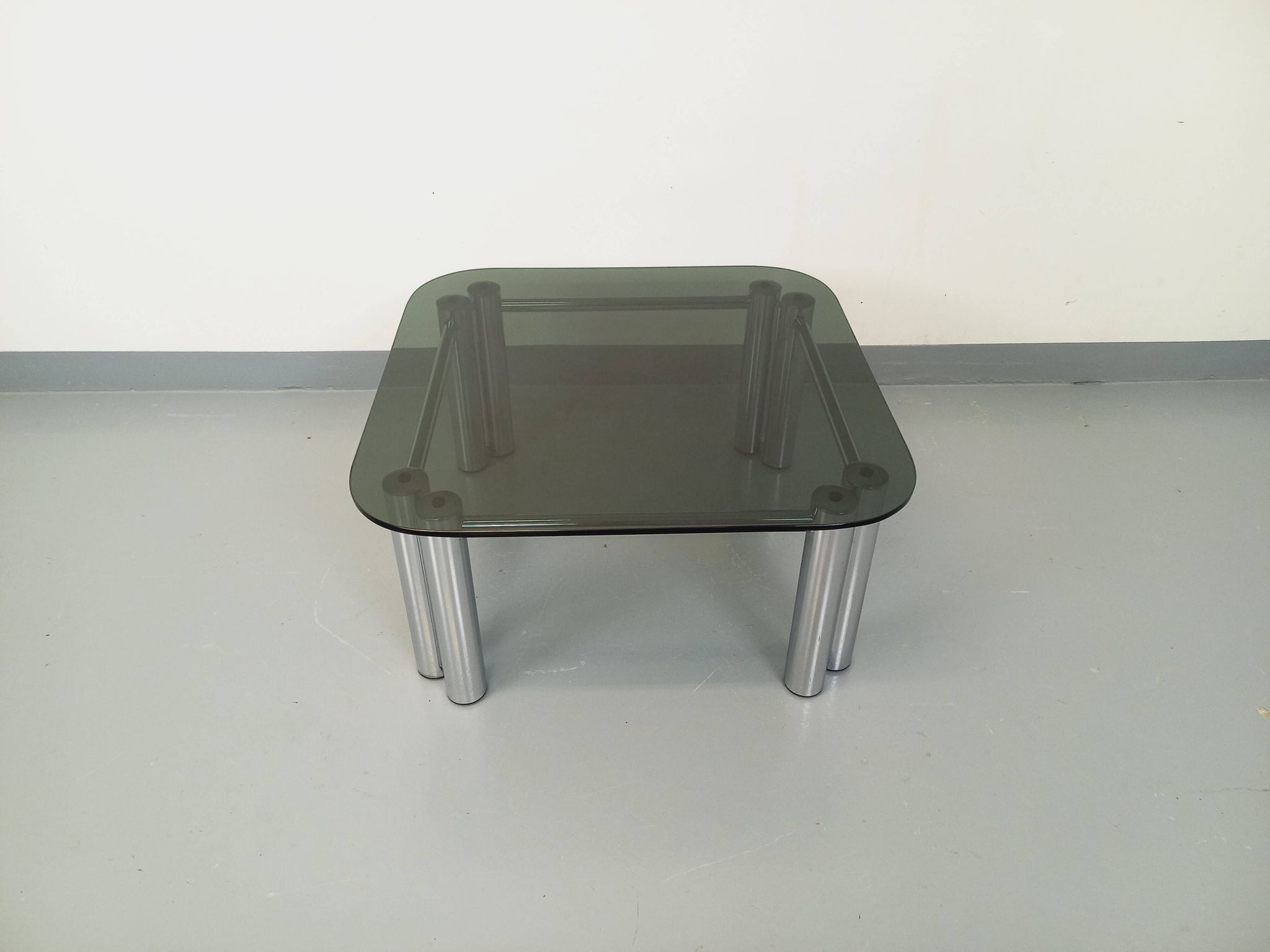 Vintage Italian Space Age square coffee table in smoked glass and chrome metal
