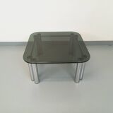 Vintage Italian Space Age square coffee table in smoked glass and chrome metal