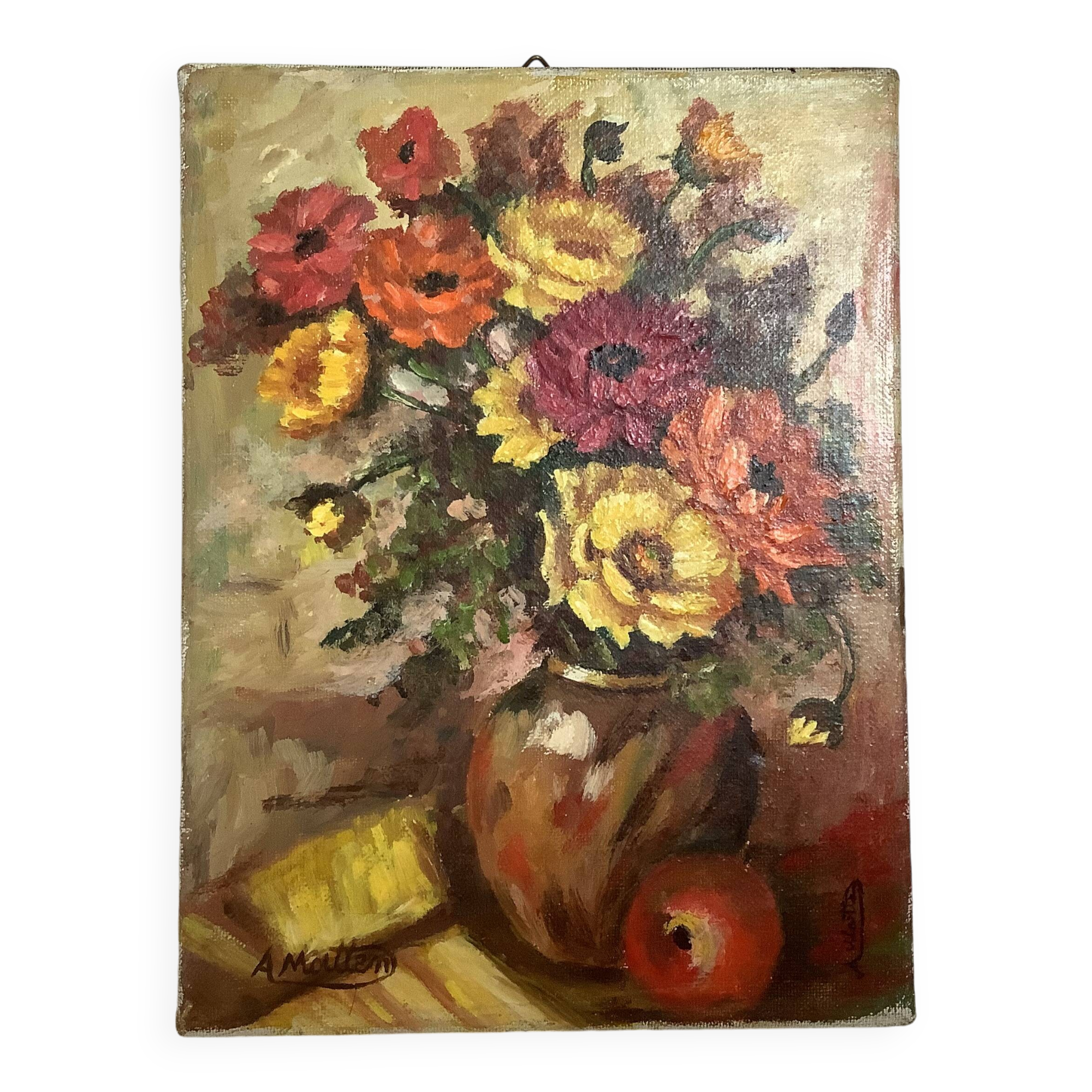 Bouquet of flowers oil on canvas painting signed Matten