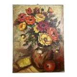 Tableau bouquet de fleurs huile sur toile signé Matten