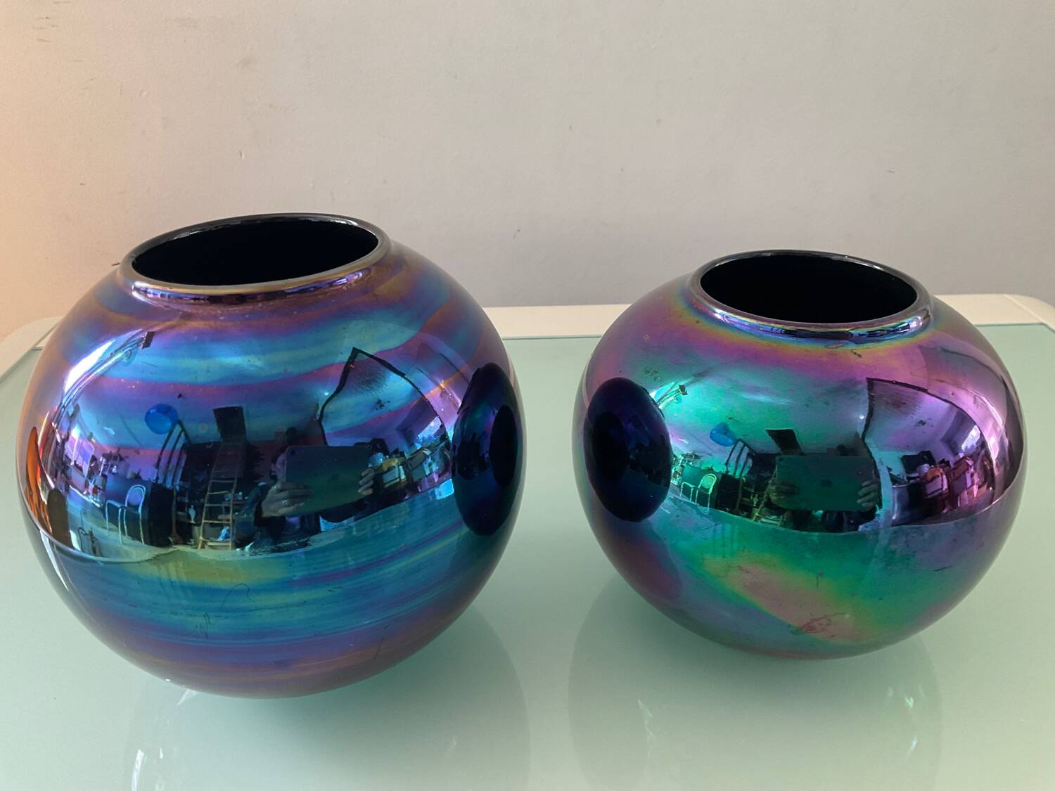 Duo of vintage iridescent ceramic vases from the 70s