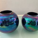 Duo of vintage iridescent ceramic vases from the 70s