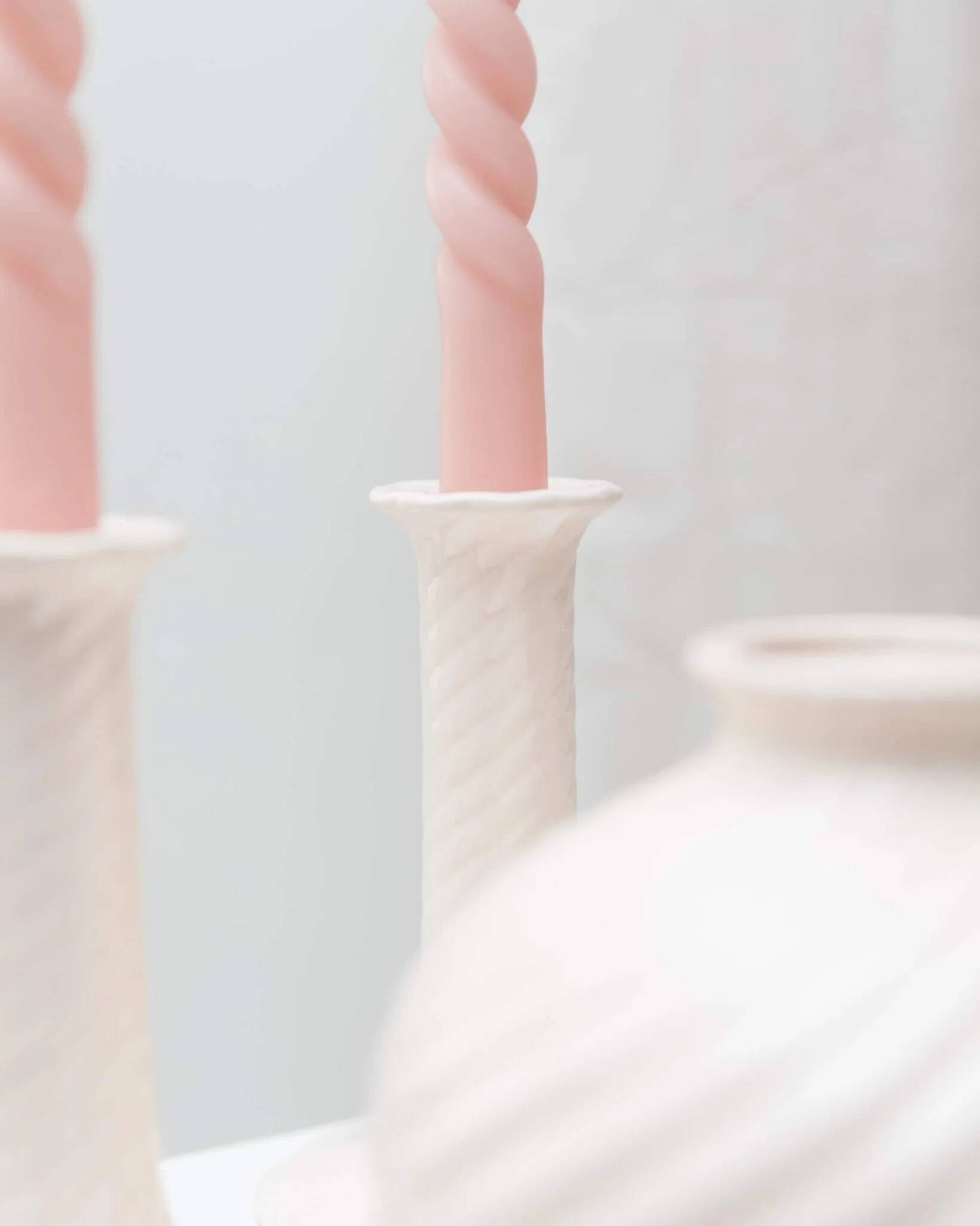 Cream ceramic mid-century set: two candle holders and a vase with white glaze, 1970s design