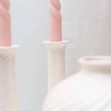 Cream ceramic mid-century set: two candle holders and a vase with white glaze, 1970s design