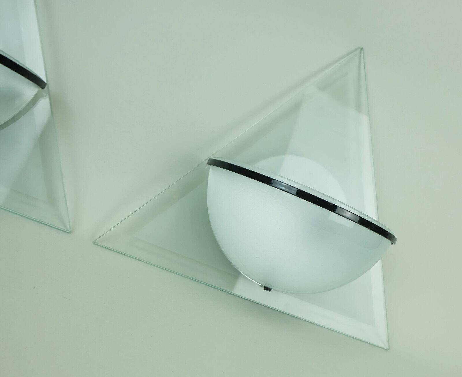 Pair of italian 1980s sconces wall lamps lamperti model illo etched glass and metal