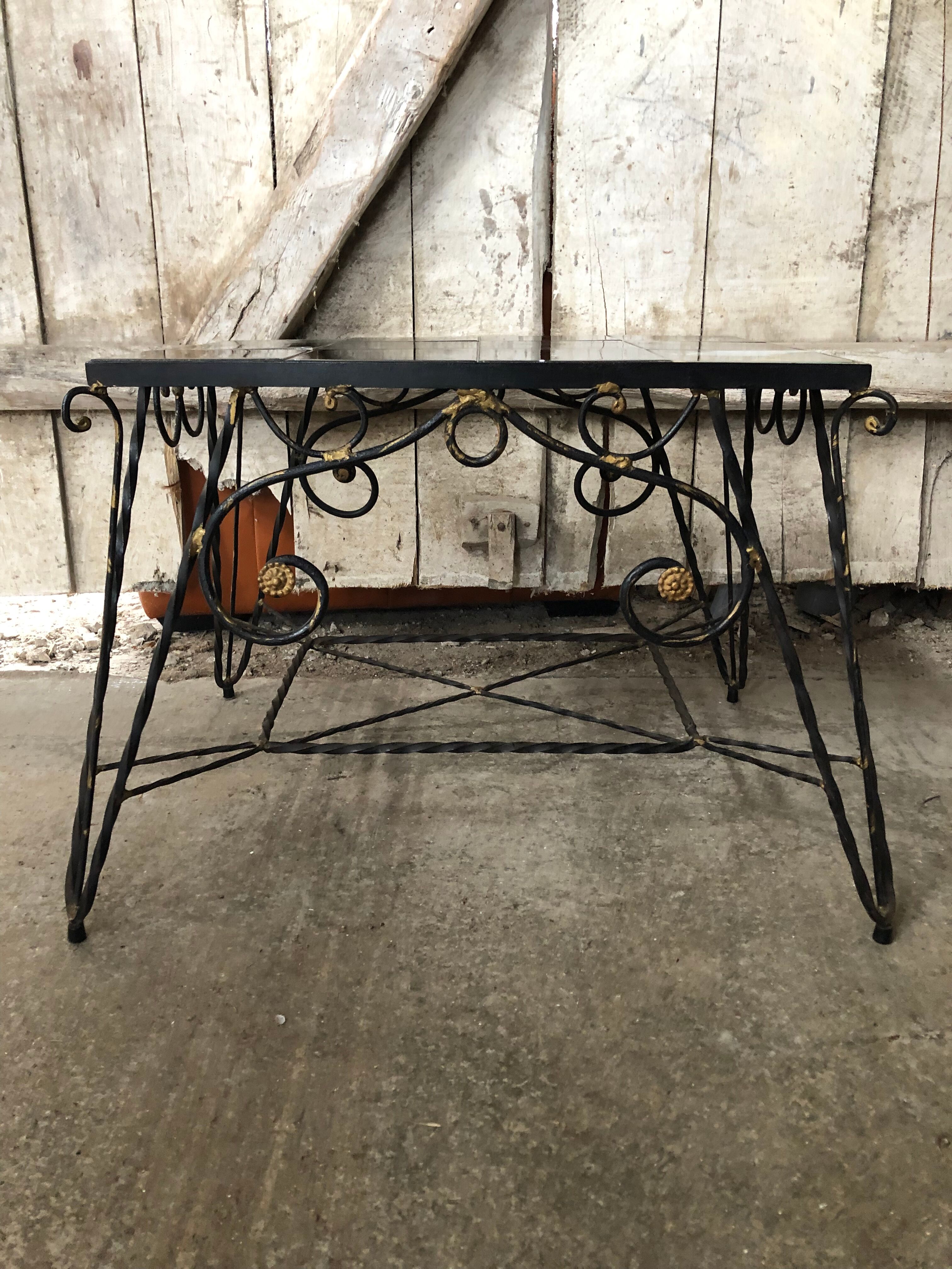 Old Coffee Table Wrought Iron Black & Gold + Tray Ceramic Tiles Vintage