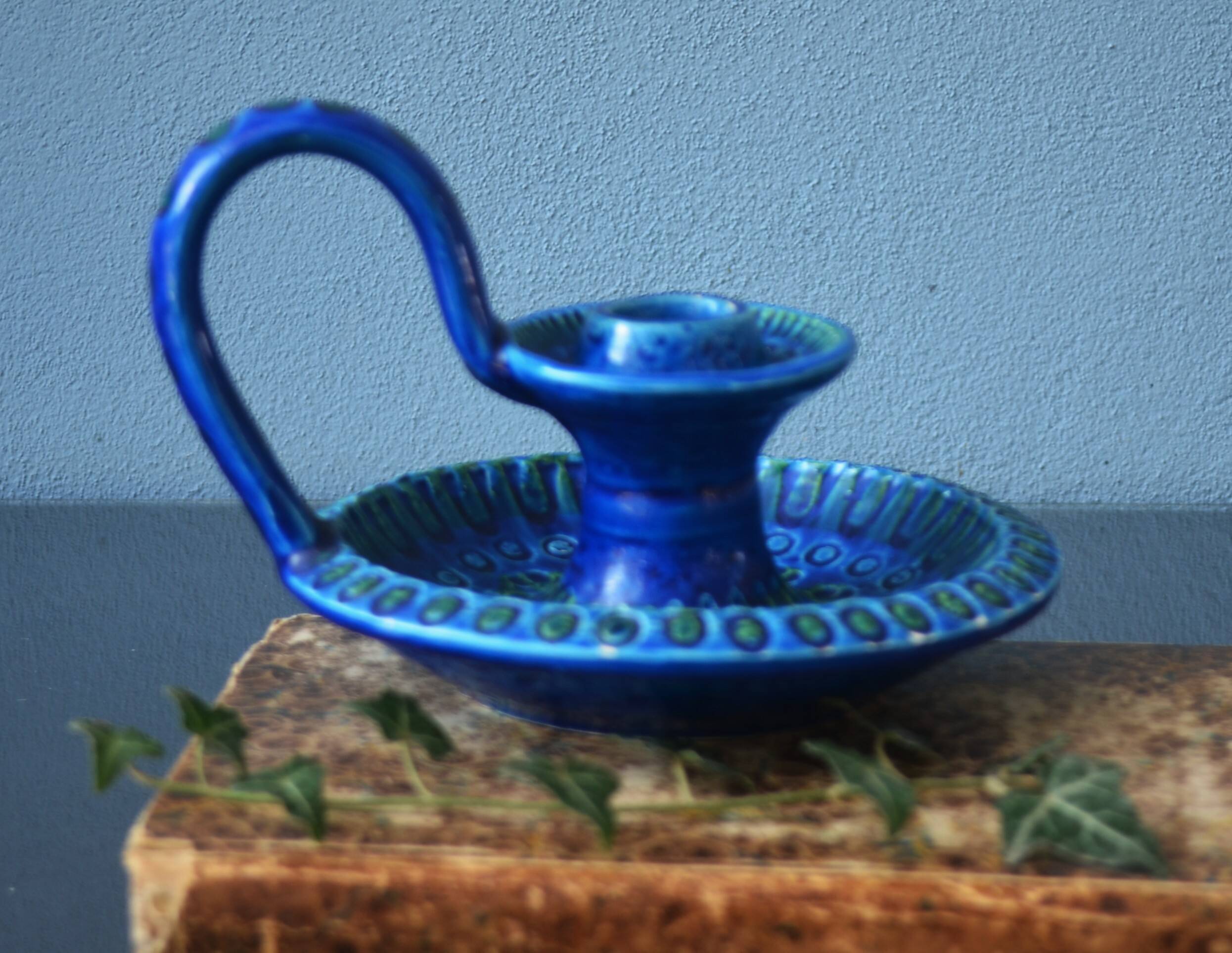 Mid Century Bitossi Aldo Londi Rimini Blue Chamber Candle Holder Painted in Blu