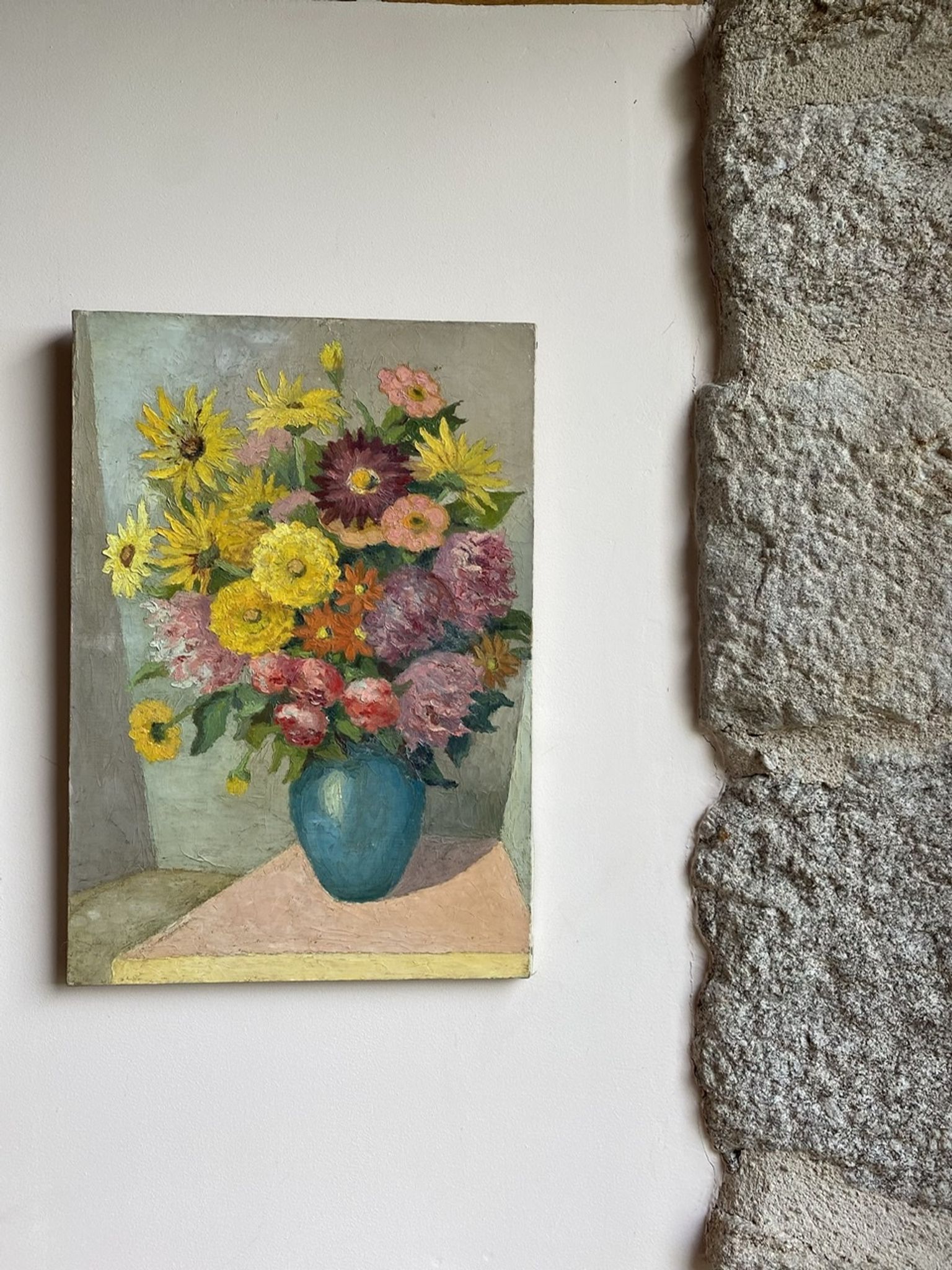 Antique painting, still life with blue vase and flowers, mid-20th century