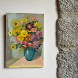 Antique painting, still life with blue vase and flowers, mid-20th century