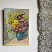 Antique painting, still life with blue vase and flowers, mid-20th century