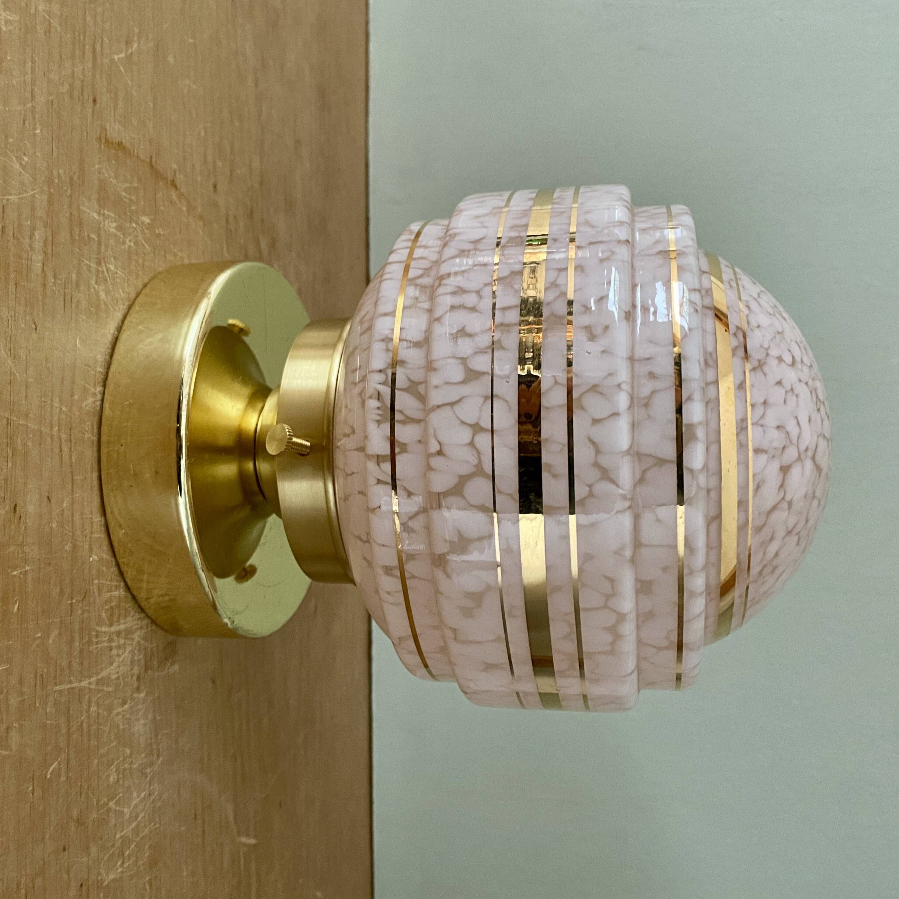 Vintage art deco globe wall or ceiling light in pink and gold Clichy glass