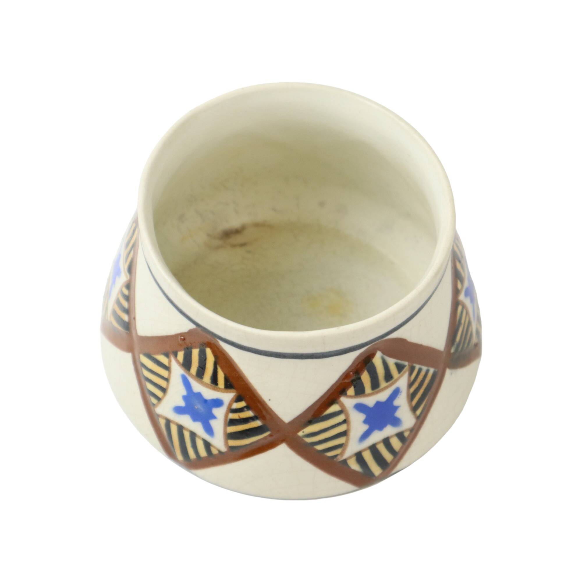 Abstract belgian art deco vase amc white blue black crackle earthenware