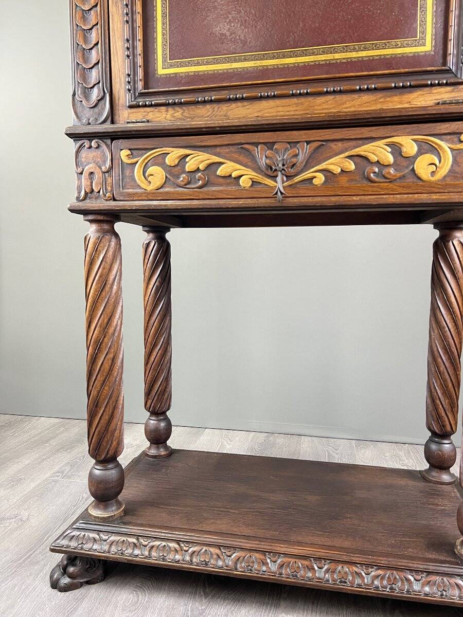 Carved and polychrome wooden secretary, Neo-Renaissance style, 19th century
