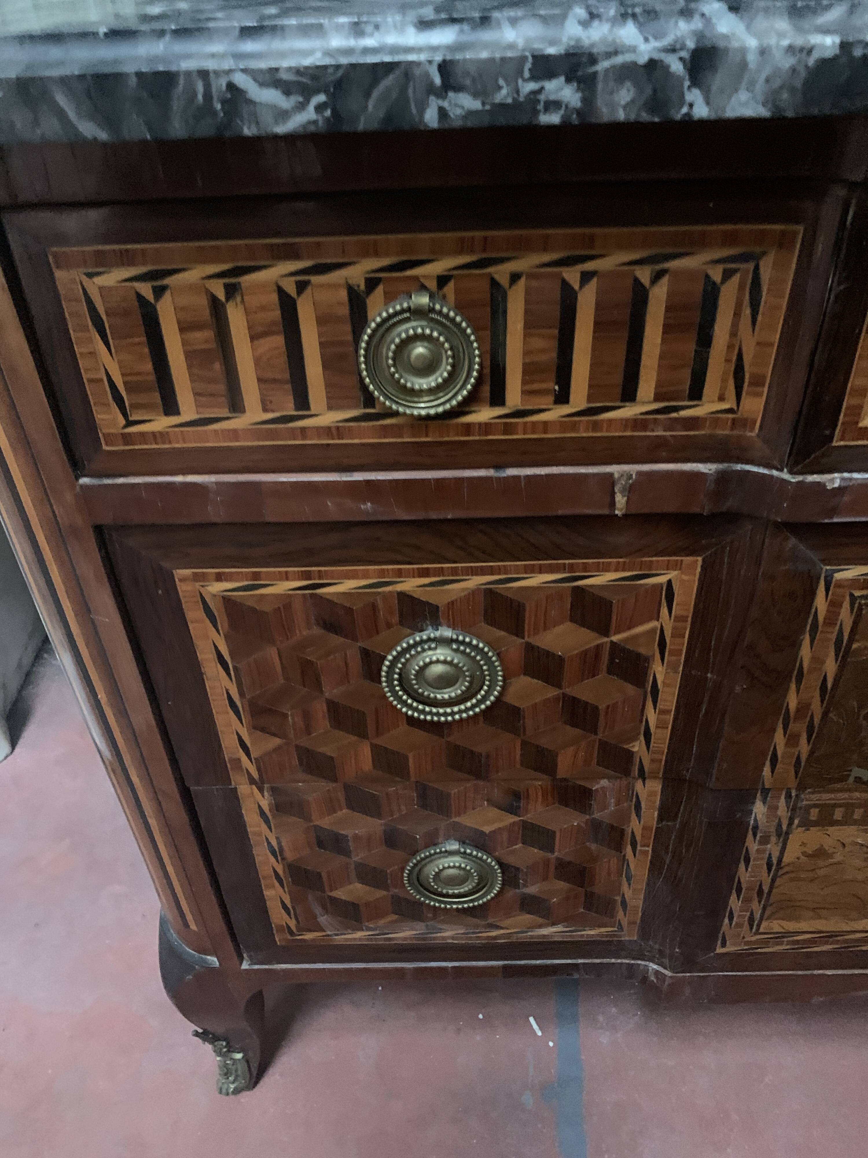 Transition chest of drawers in rosewood and amaranth veneer, 19th century