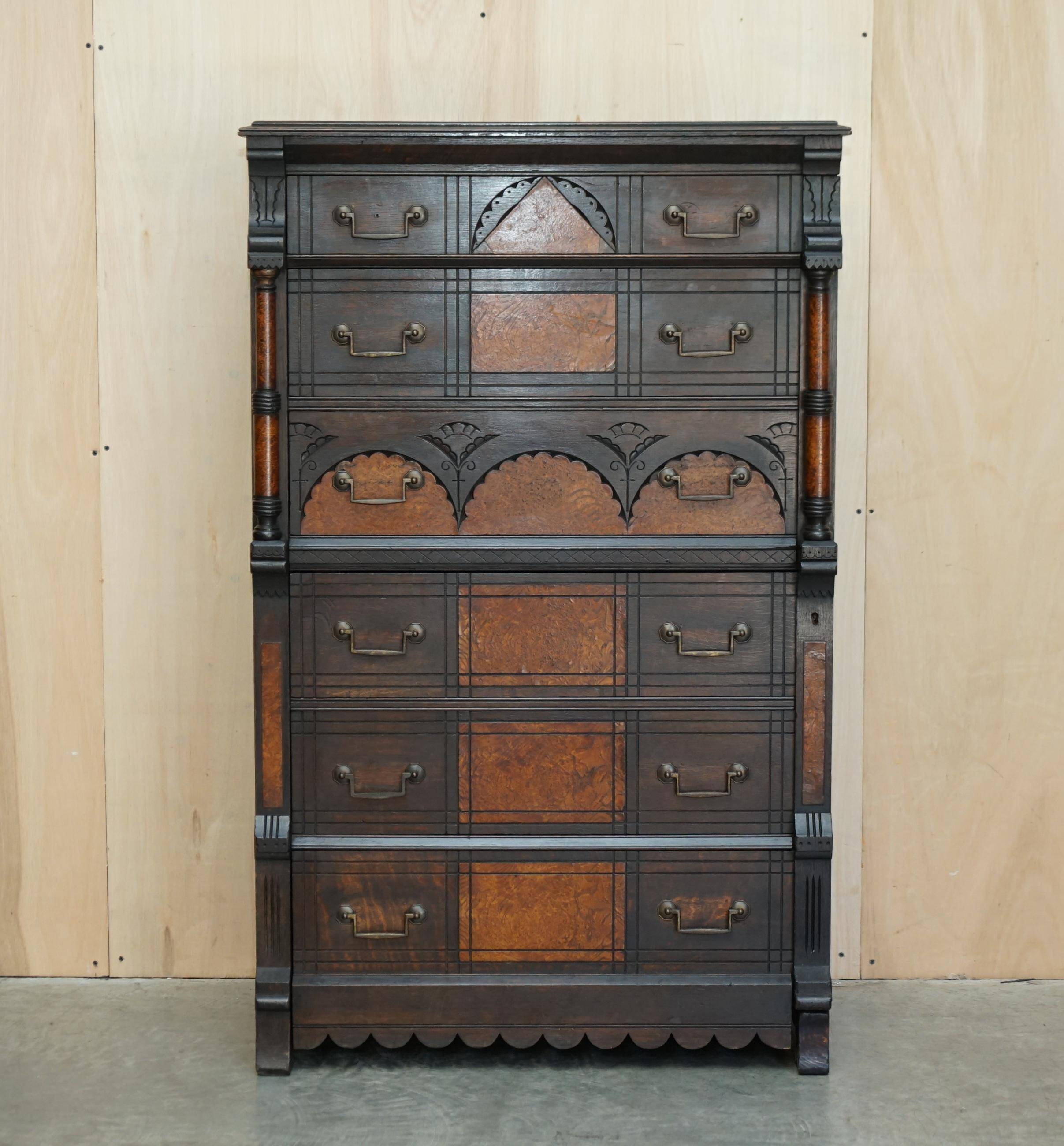 Victorian Wellington chest in figured elm by R Crosby & Son with 160 seal impressions.