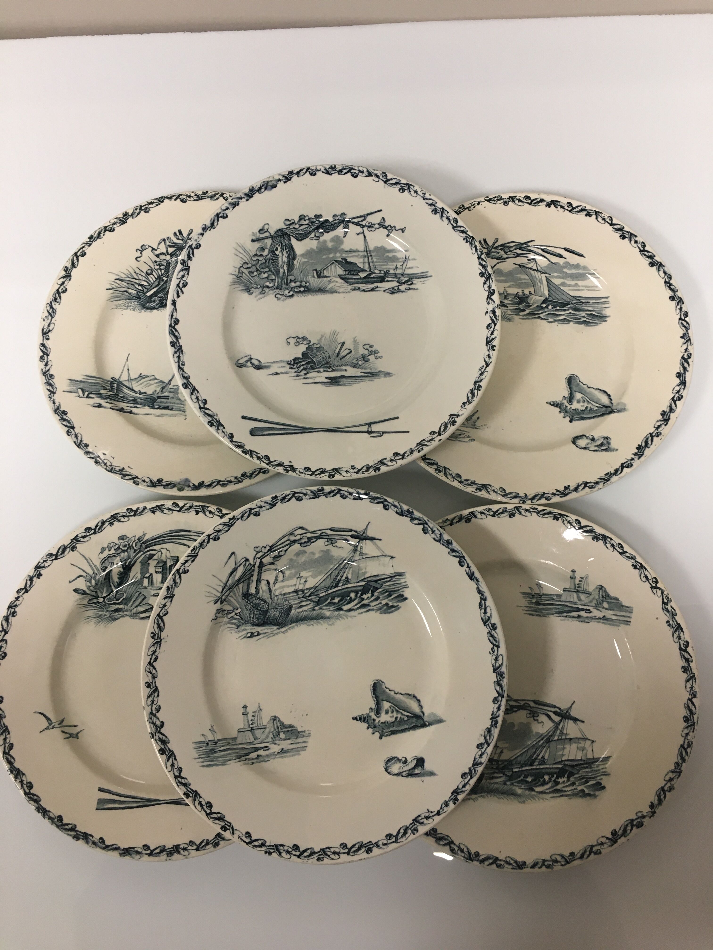6 flat plates Terre de fer Creil and Montereau marine model