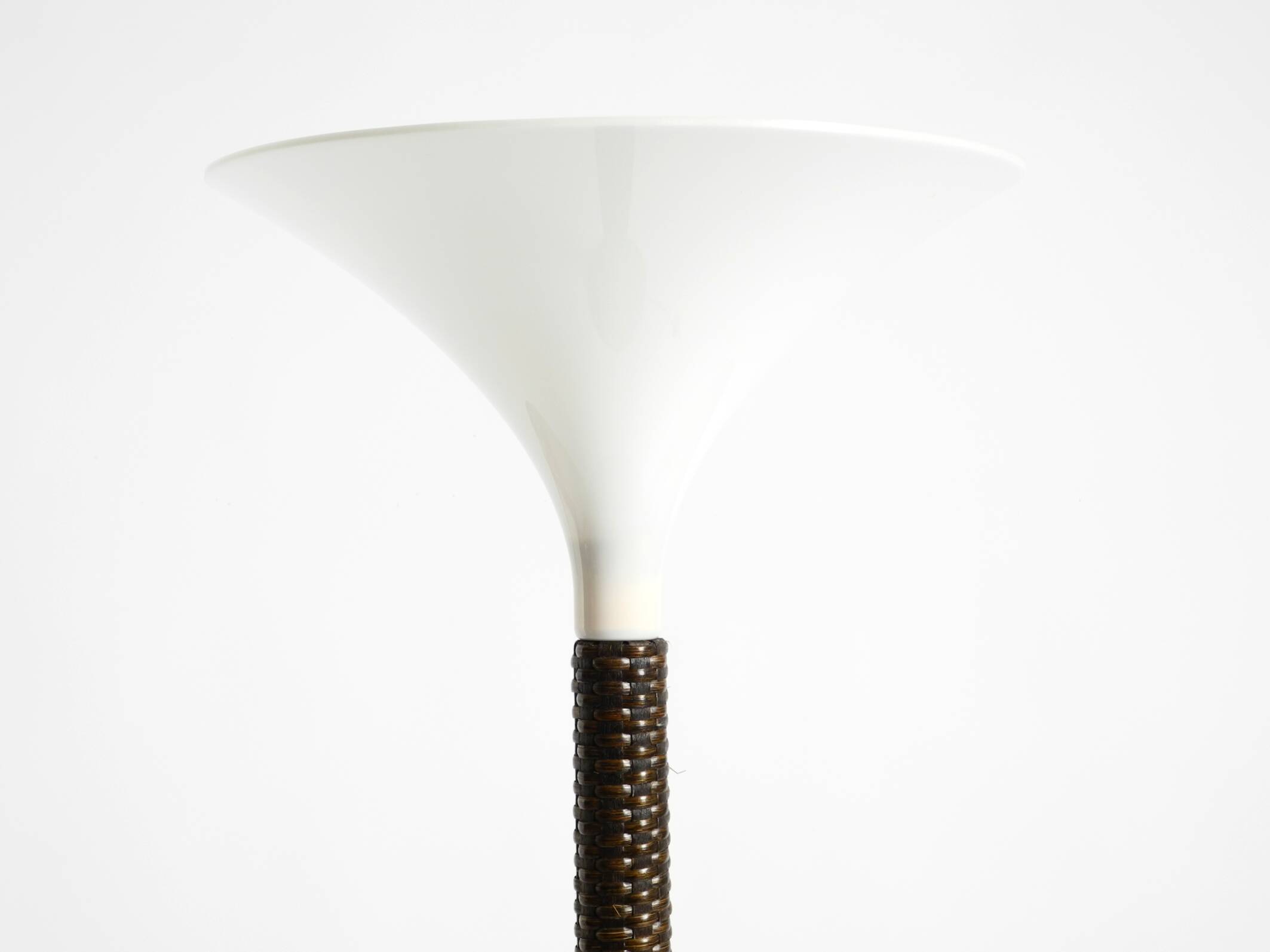 XL 70s Tulip floor lamp with a brown wicker frame and a plexiglass shade