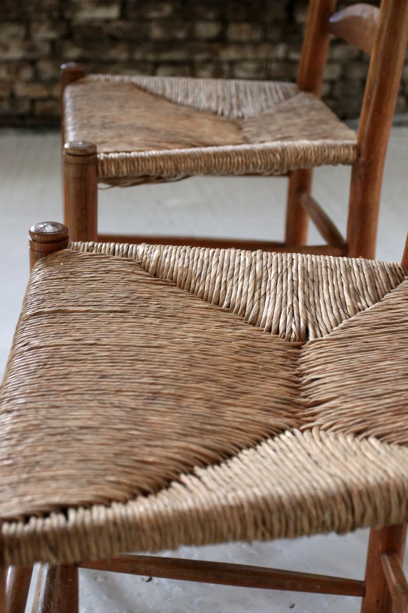 Set of 4 old Dutch oak ladderback chairs with rush seats – 1960s
