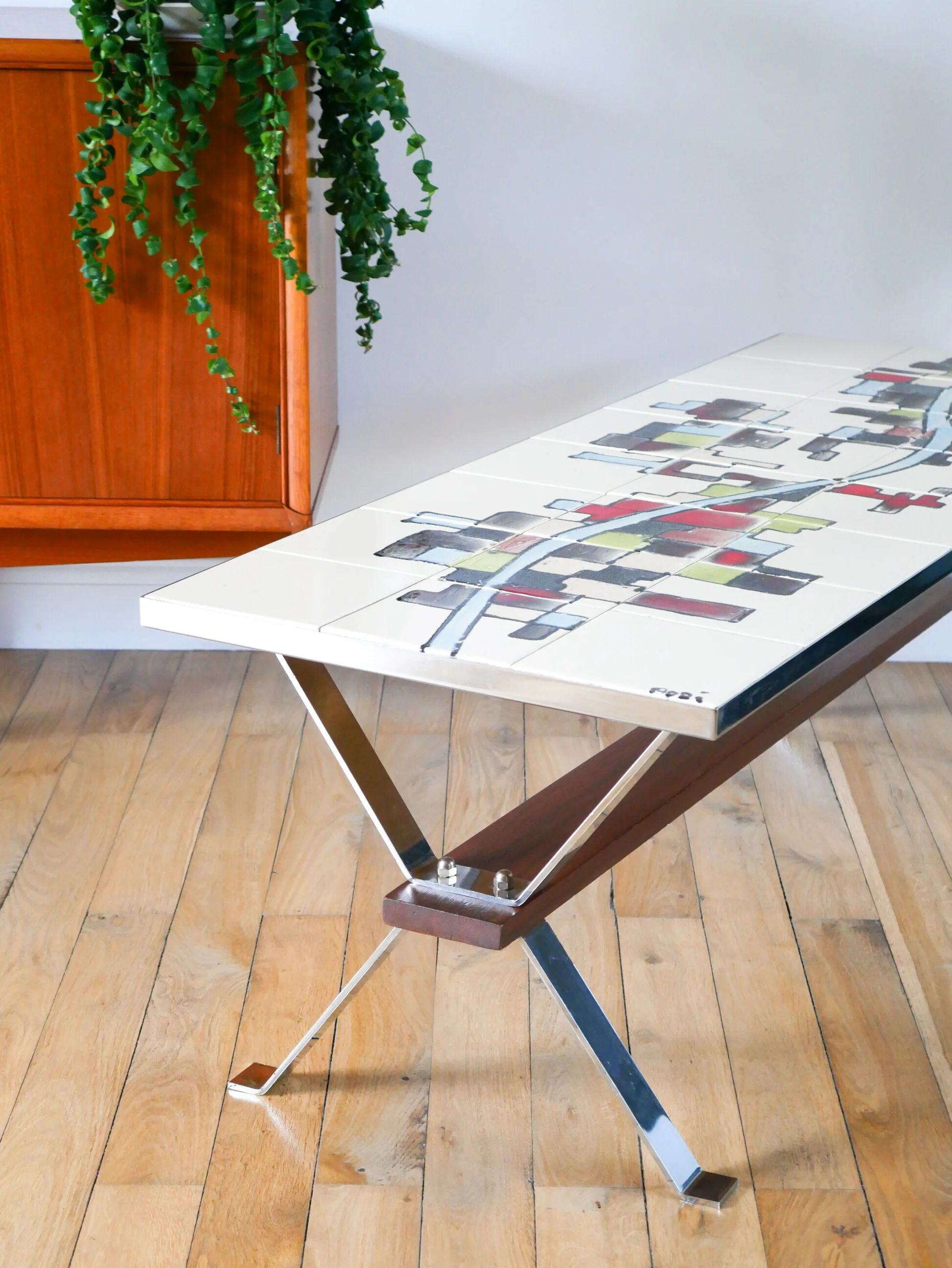 Ceramic coffee table, chrome and teak legs, Space Age, signed, 1970.