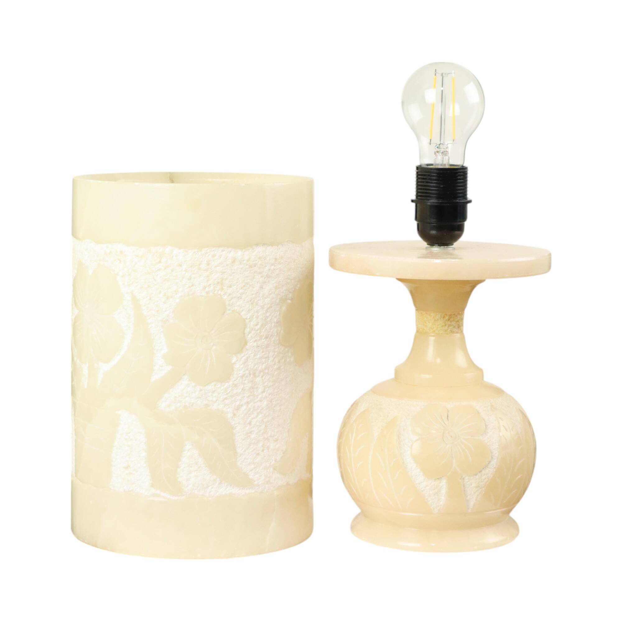 Vintage Table Lamp Alabaster Natural Stone Flowers Spain 1960s