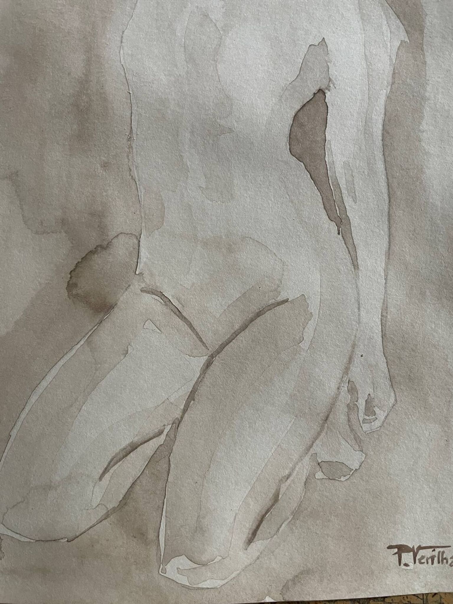 Signed watercolour monochrome painting of a female portrait "Hammam"