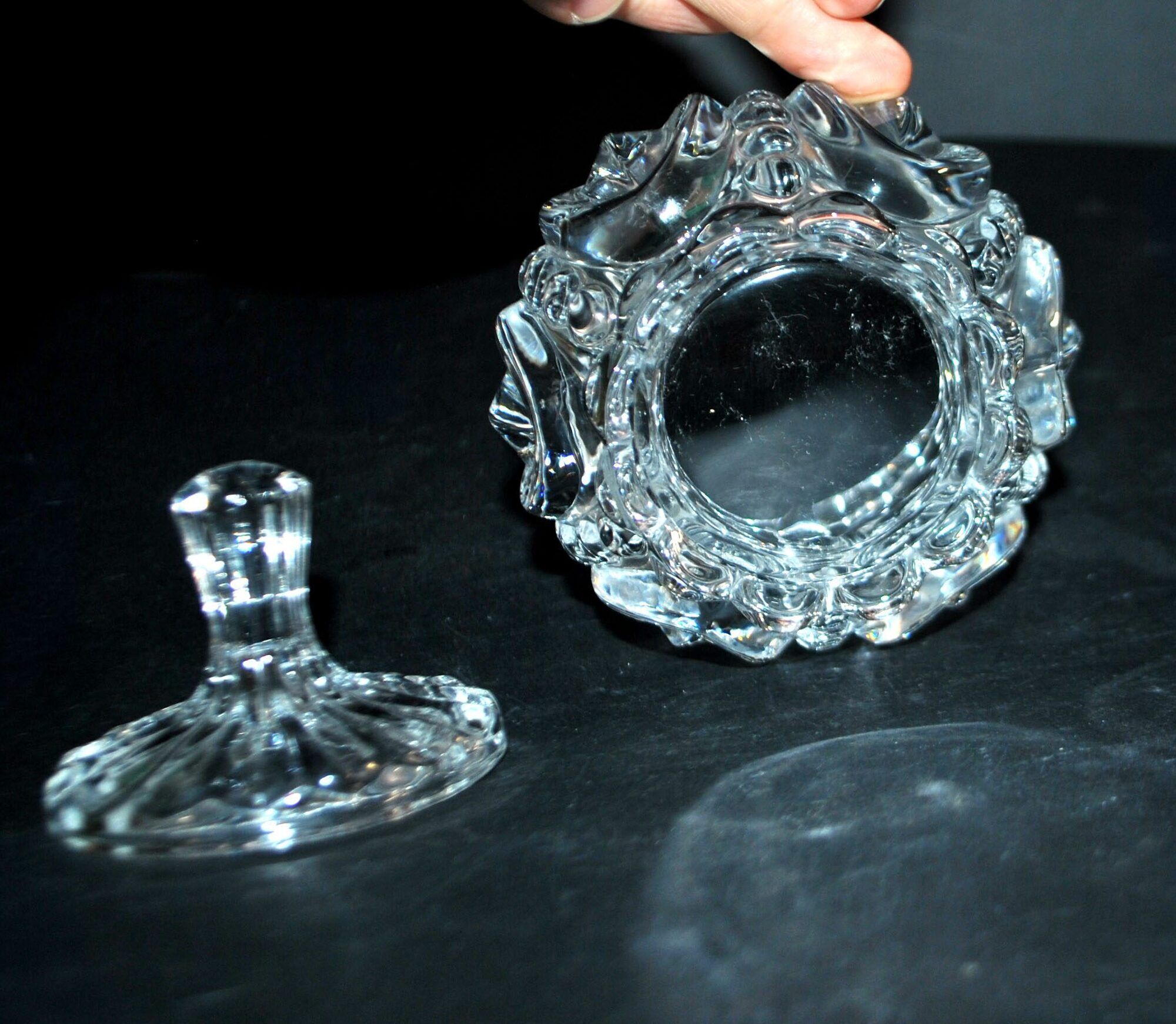 Thick moulded crystal sugar bowl with a beaded and medallion design.
