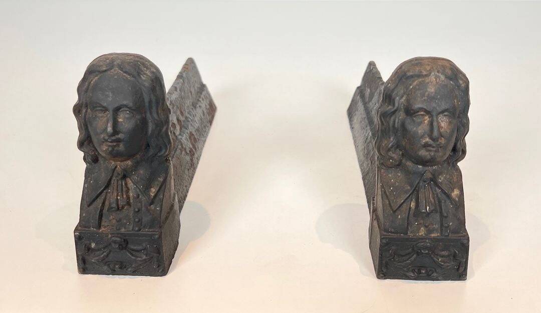 Pair of Cast Iron Andirons in the Likeness of Beethoven. France. Circa 1900.