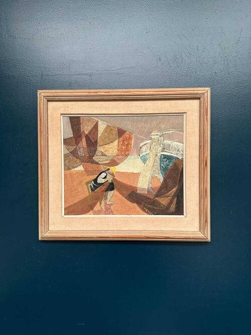 Original Swedish Oil on Panel – “Figure with Boats” by Nils Öst (1908–1982)