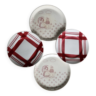 Vintage mismatched earthenware dessert plates with red patterns