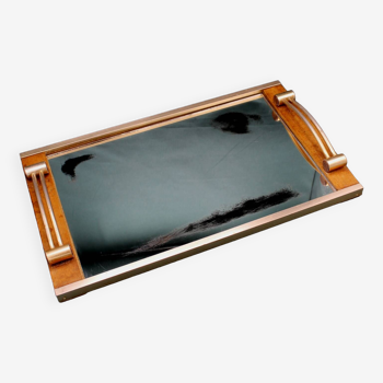 "Art Deco" serving tray with mirror top - Teak and Brass - French - Antique