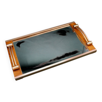 "Art Deco" serving tray with mirror top - Teak and Brass - French - Antique