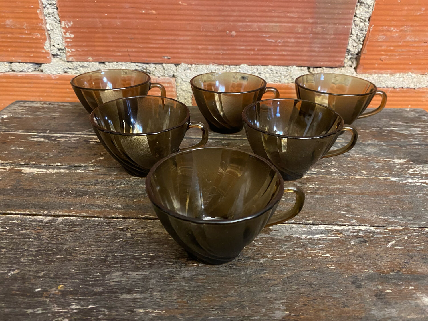 Set of 6 vintage Duralex molded smoked glass cups, art deco style