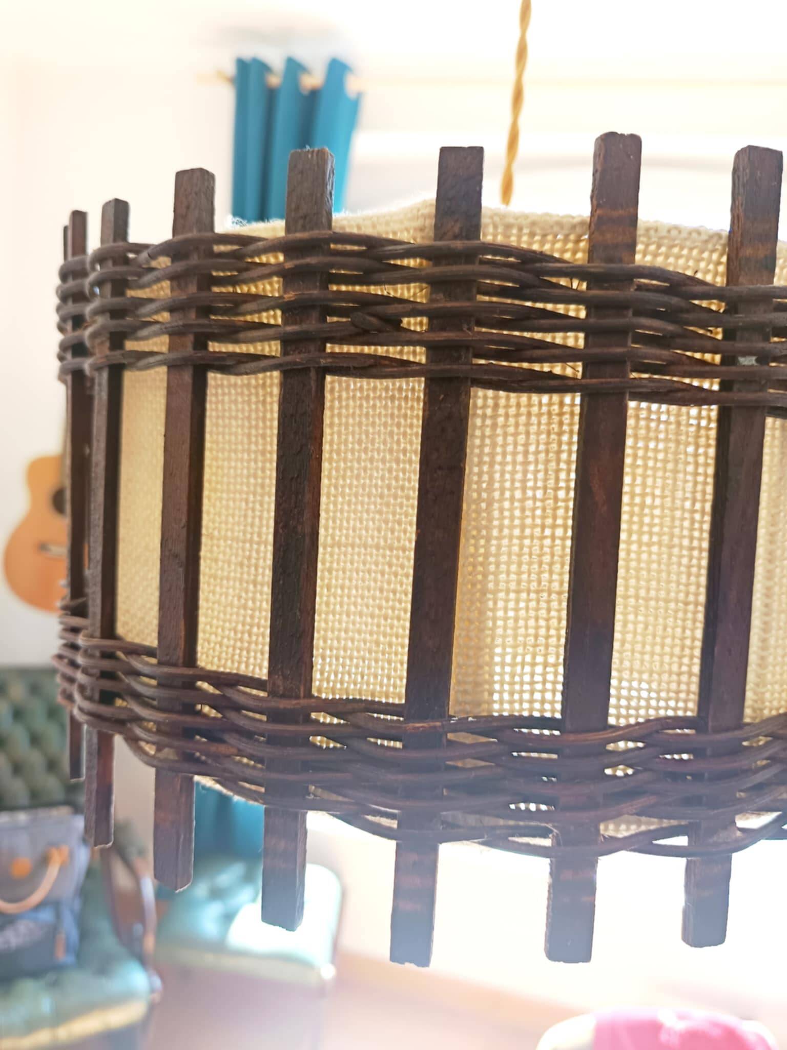 Wood and burlap pendant light, 1970