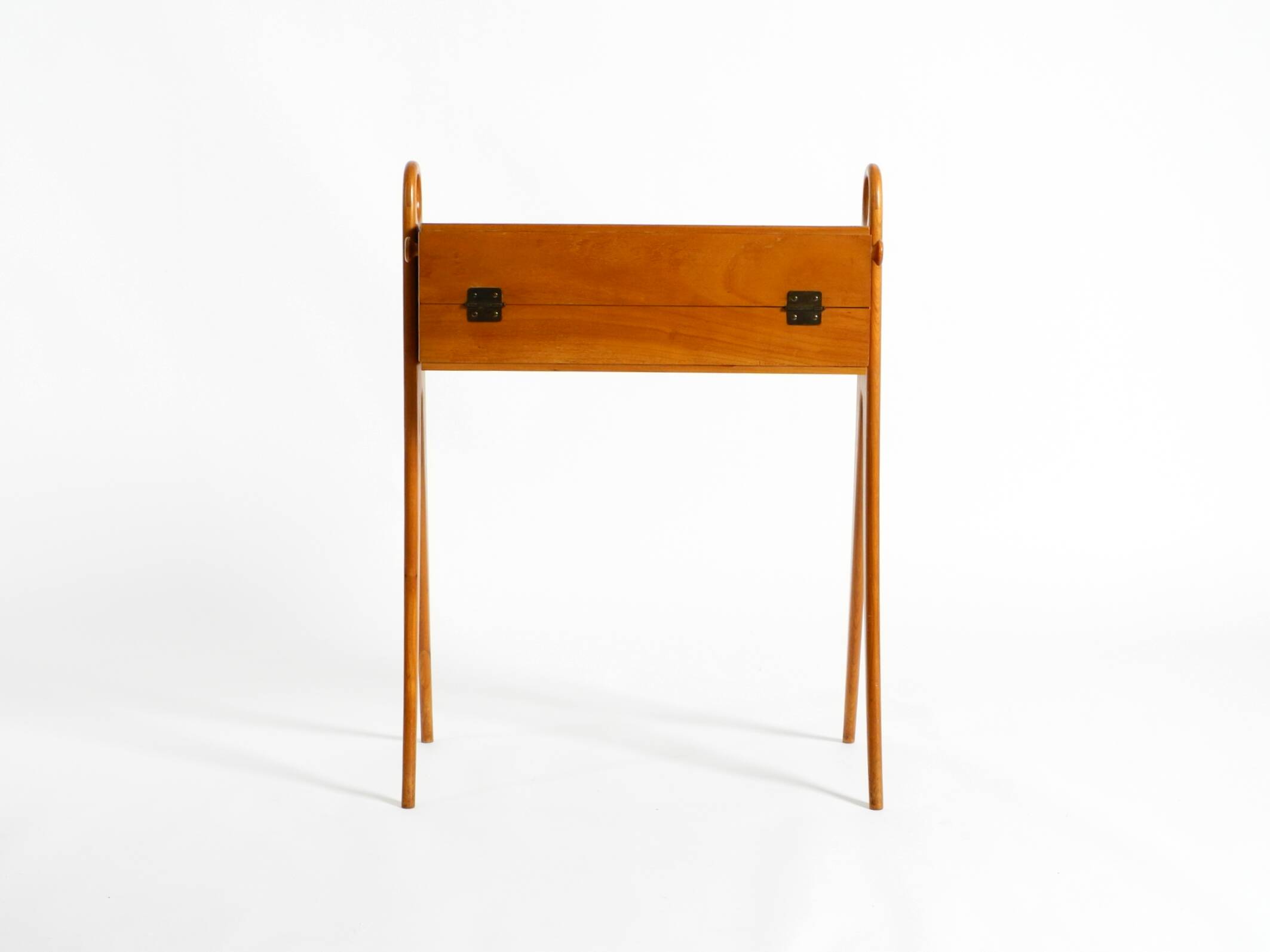 1950s ash wood sewing box, with a hinged top, multiple compartments
