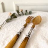 Old salad servers in horn and silver metal