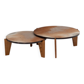 Set of cowhide coffee tables with wood base