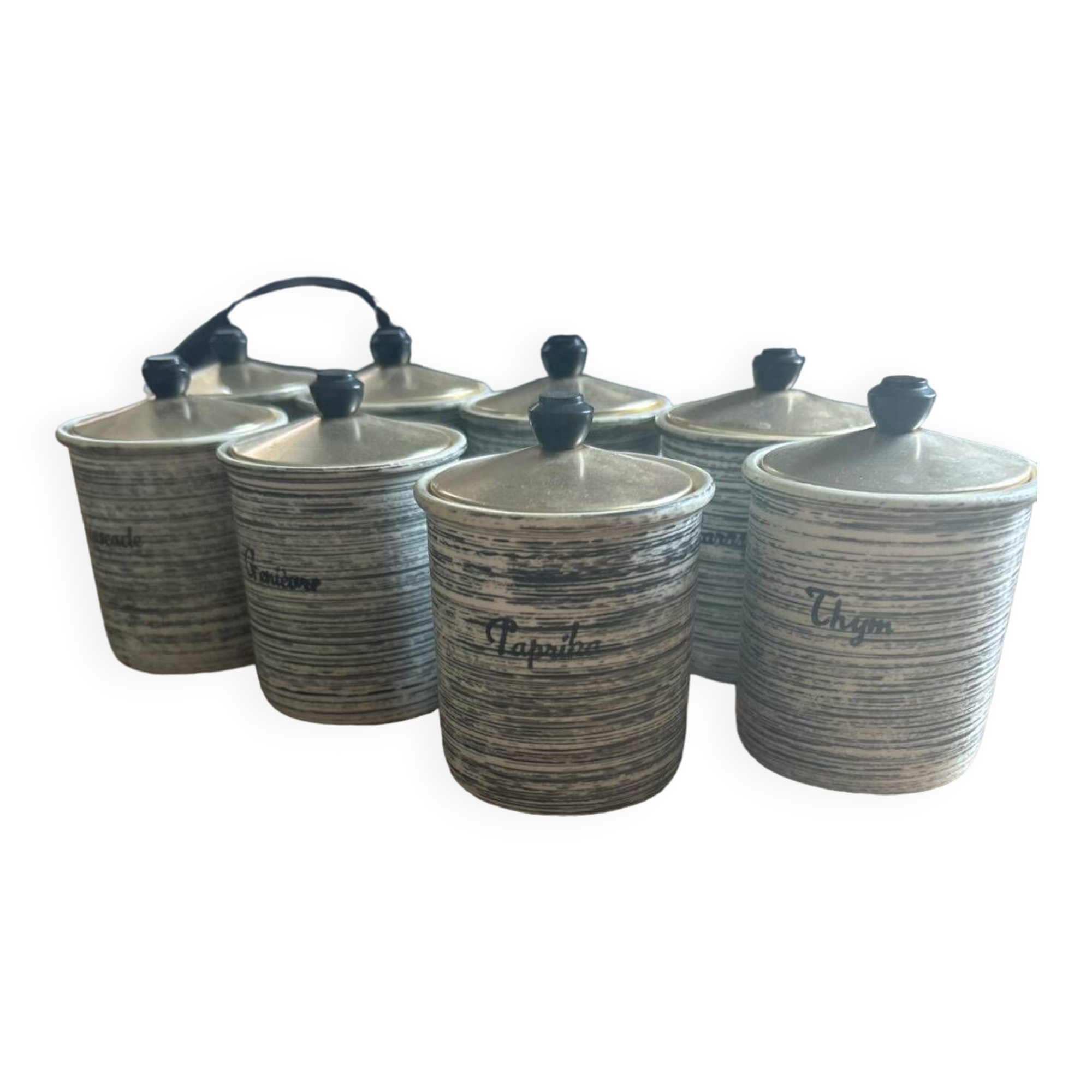 Series of eight vintage Salins spice jars