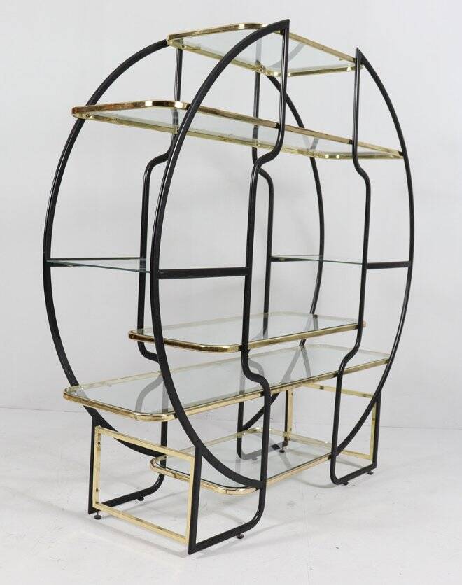 Sculptural Circular Étagère in Blackened Steel, Gold-Plated Metal and Glass