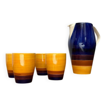 Mid-century hand-painted German décor, ceramic jug 507 with cups from Stützel & Sachs Aalen Keramik, 1960s, set of 5.