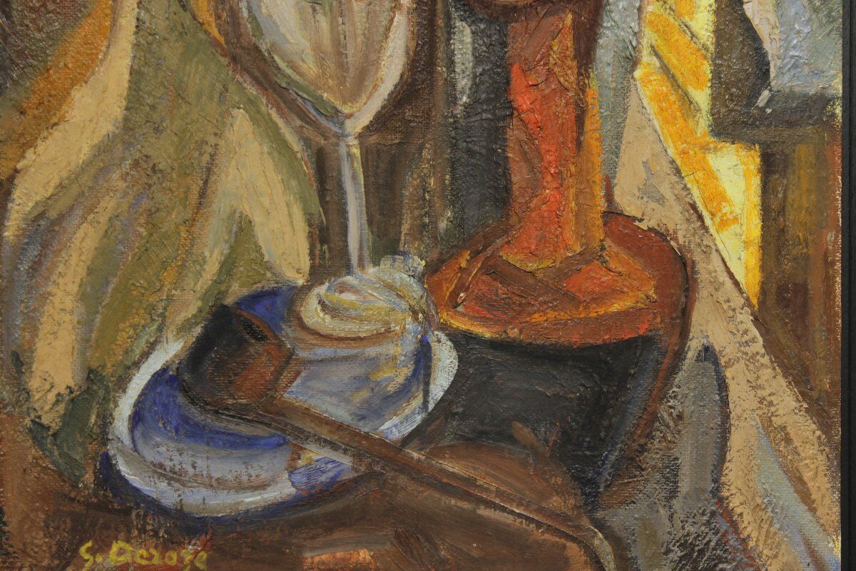 Nature morte cubiste signée - Huile sur panneau